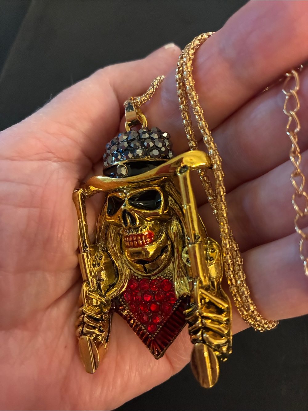 Skull Pendant Necklace with Red Crystal Chest and Black Crystals On His Head - Picture 5 of 8
